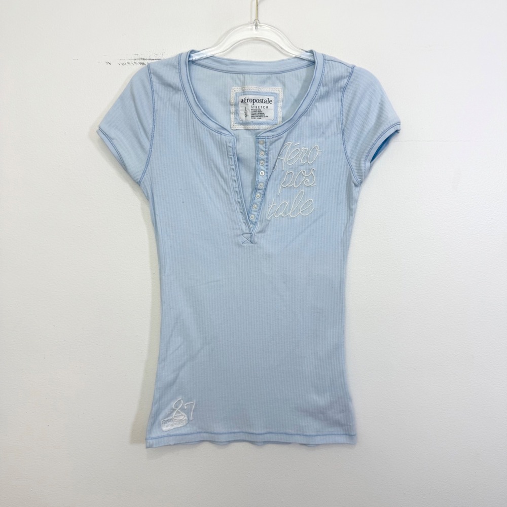 Aéropostale 2010s Embroidered Henley Baby Tee Blue Size L